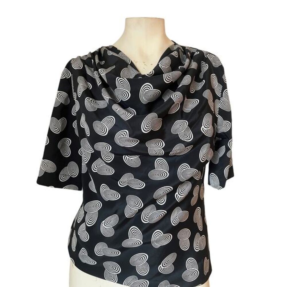 Evan Pocone Blouse Black and White Spiral Novelty Print Cowl Neck Top 70s